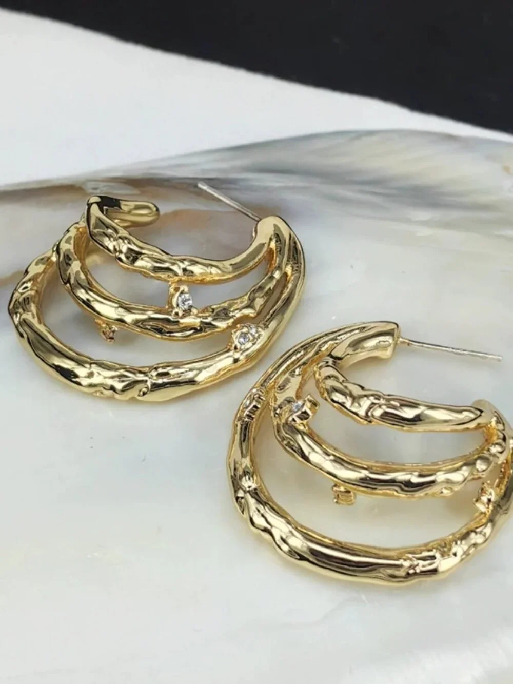 Textured Gold Multi-Layer C-Hoop Earrings with Crystal Accents